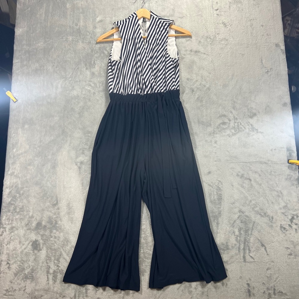 Sandra Darren Jumpsuit‎ Women XS Blue White Striped Wide Leg Tie Waist Office